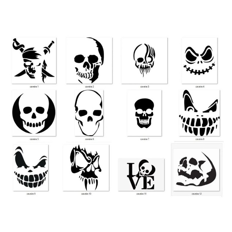 Stencil Caveiras Kit 12 moldes vazados caveiras 15 cm cada | Shopee Brasil