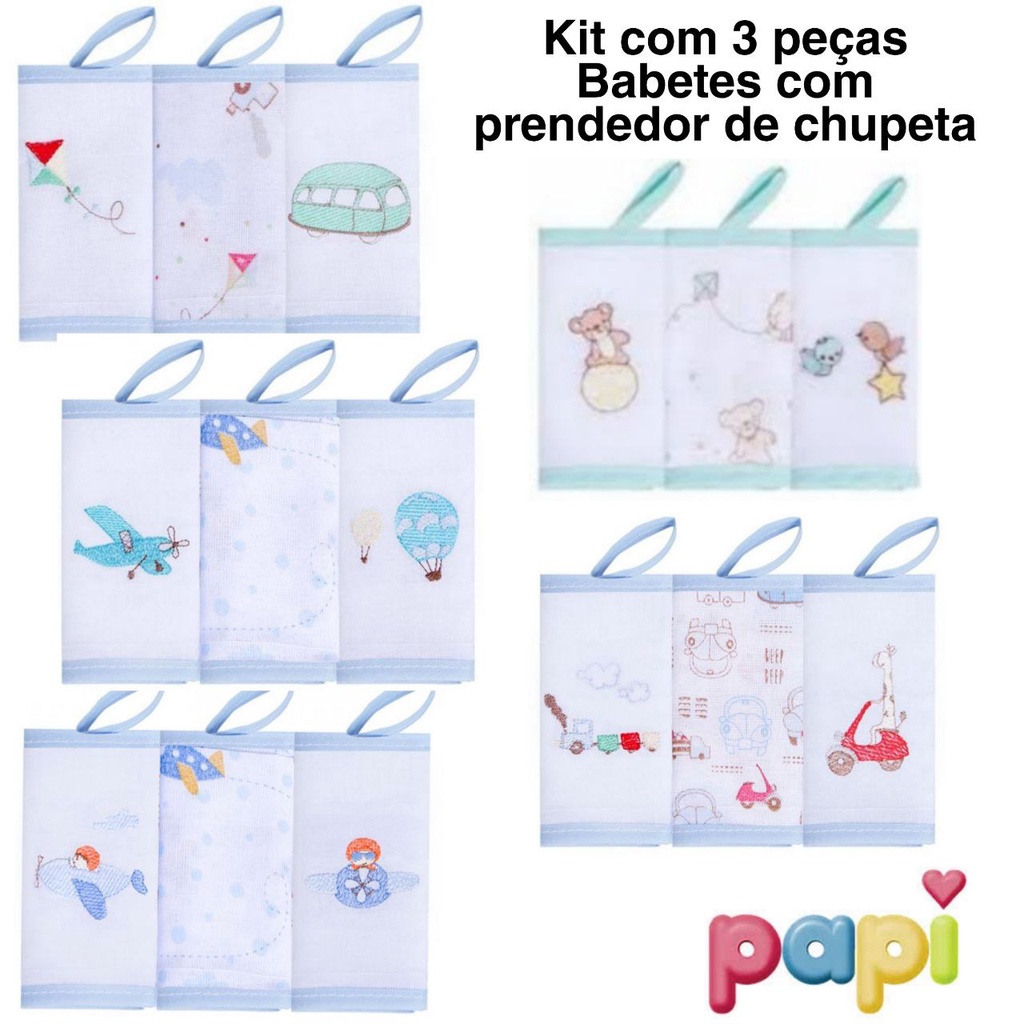 Kit Babetes Com Prendedor De Chupeta (3 Peças) 100% algodão PAPI paninho de boca / toalhinha de boca Enxoval de bebê