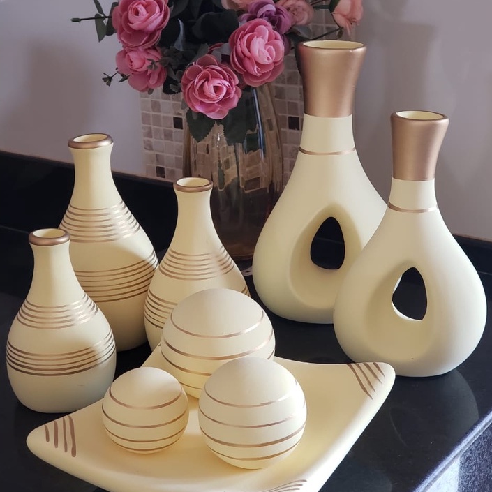 Conjunto 9 Peças Jogo cerâmica Kit Trio Vasos Enfeite Decorativo Centro Mesa Sala rack Decoração