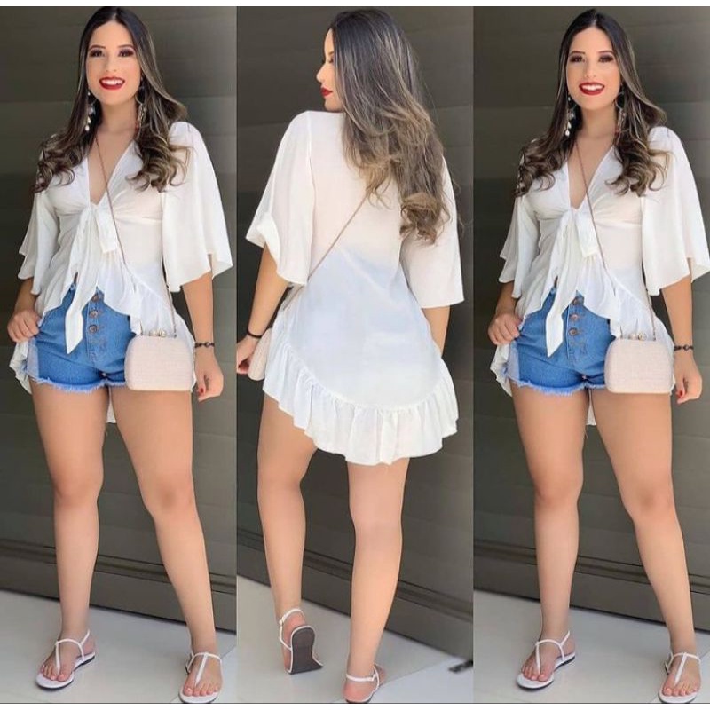 Blusa Feminina Bata de amarrar com mangas Decote V Batinha Boho Saida de Praia Camiseta Alongada