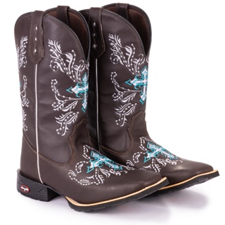 Bota Texana Feminina Country Bico Quadrado Solado De Borracha Cruz Azul Espelhada em Oferta na Shopee