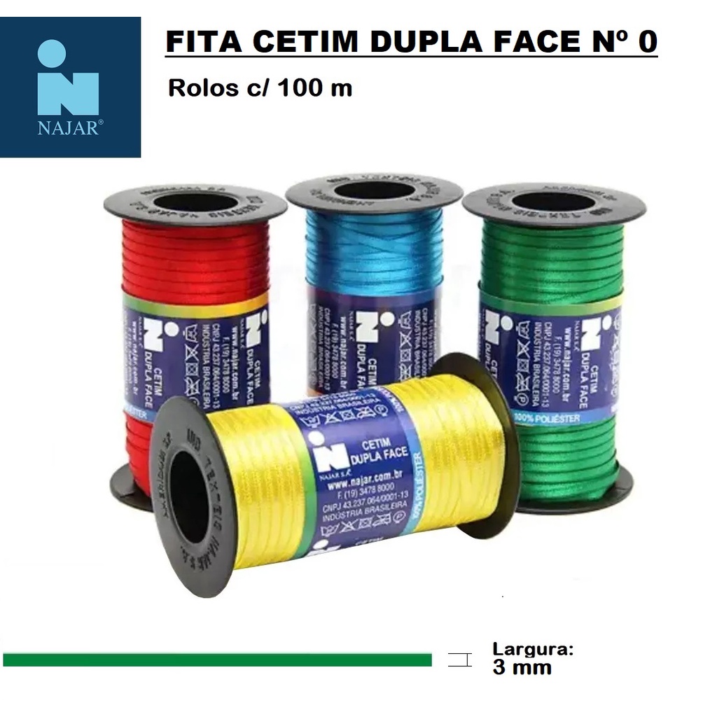 Fita Cetim Dupla Face Najar Nº 0* Rl c/100m X 3 mm em Oferta na Shopee