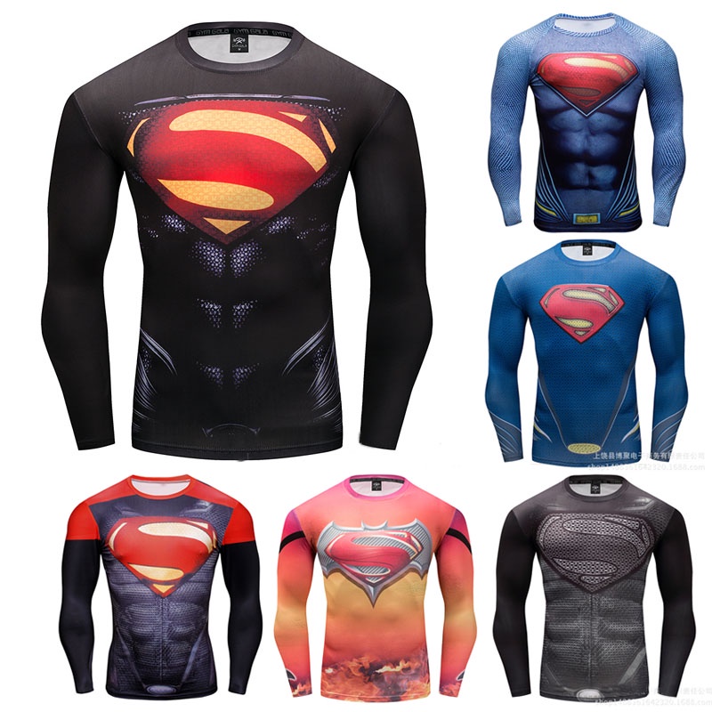 Camiseta Masculina Manga Longa 3D Super-Herói Superman Em Aço Homem-Aranha 3D Esportiva De Compressão