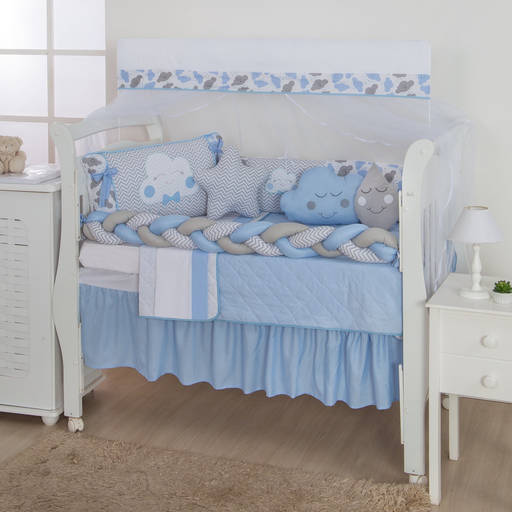 Kit Protetor Berço 12pç Doce Céu Nuvem Menino  C/ Saia