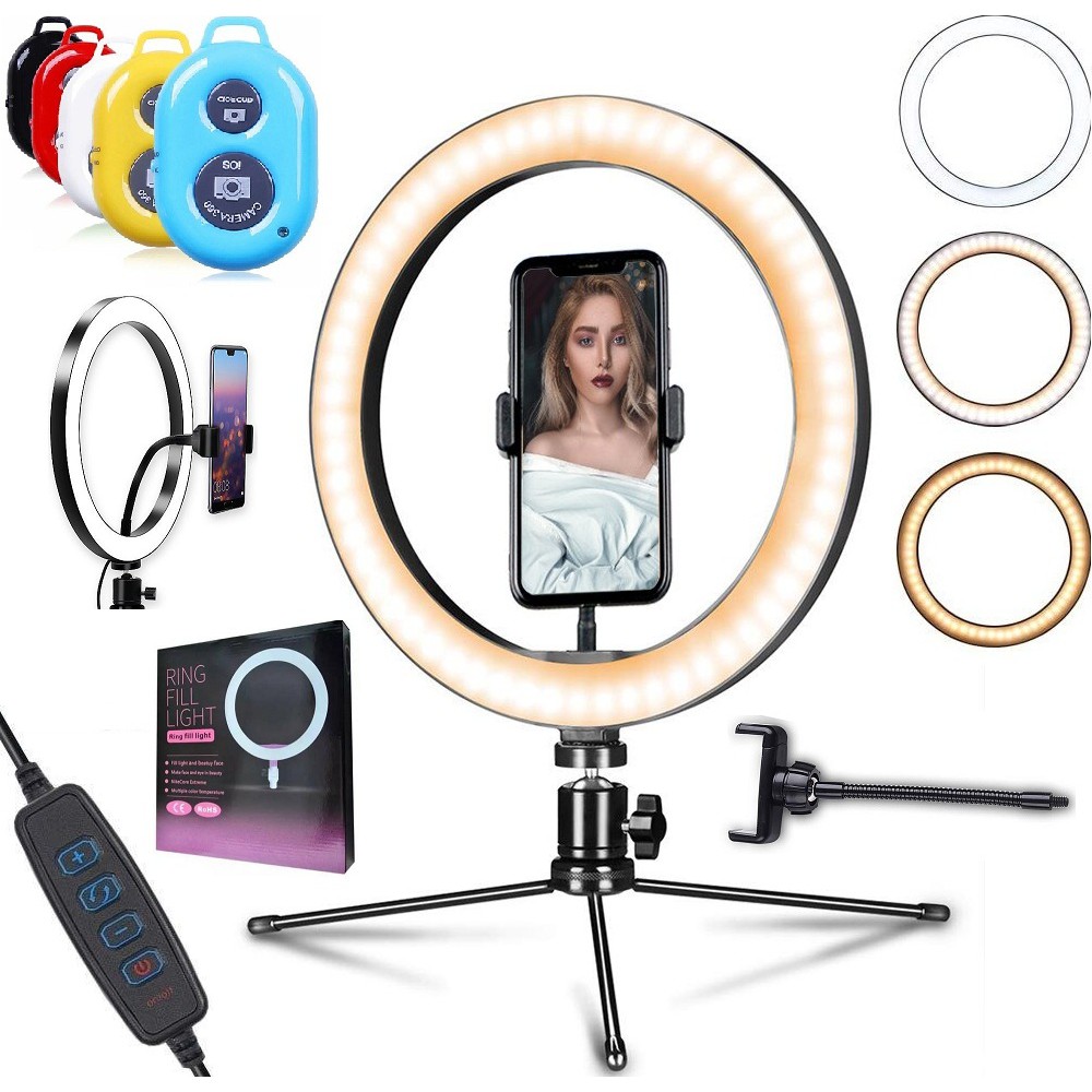 Ring Light Iluminador Luz Led Anel Selfie 10 Polegadas 26cm Celular + Tripé de Mesa + Controle Disparador Bluetooth Foto Vídeo Universal Iphone Android Original