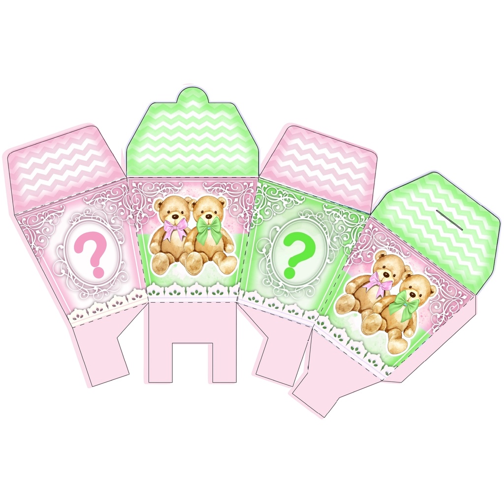 KIT 10 UND. CAIXINHAS PERSONALIZADAS (FOLHA COM ARTE IMPRESSA) TEMA CHÁ DE REVELAÇÃO URSINHO ROSA E VERDE