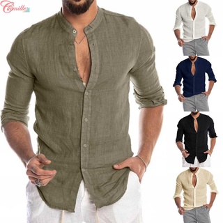 Camisa De Linho De Manga Longa De Algodão Para Homens Botão De Colarinho Baggy Tops Sólidos