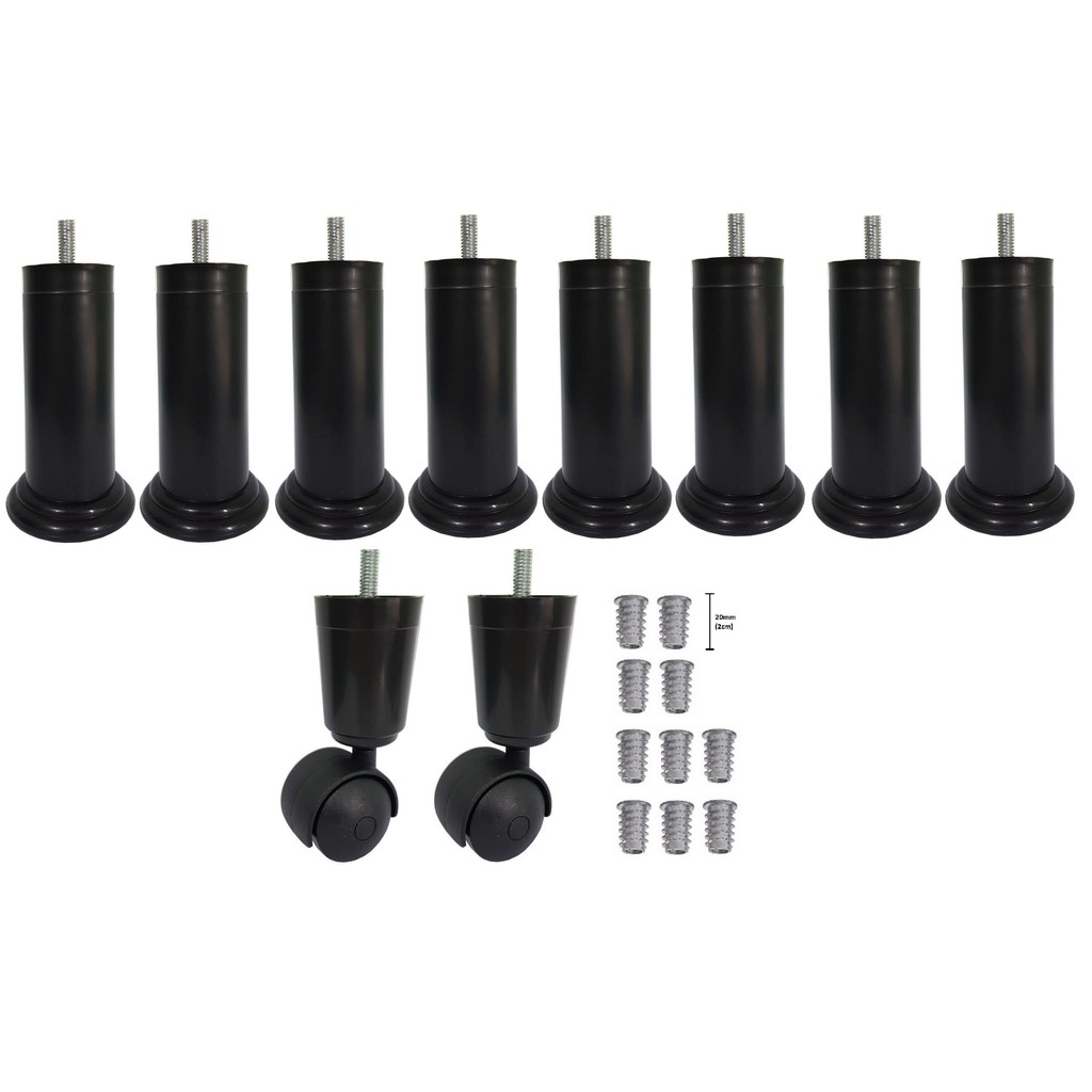 Kit 10 Pé Cama Box Preto Plástico 8 Fixo  2 Rodinha rodizio Rosca 5/16 + Bucha Americana