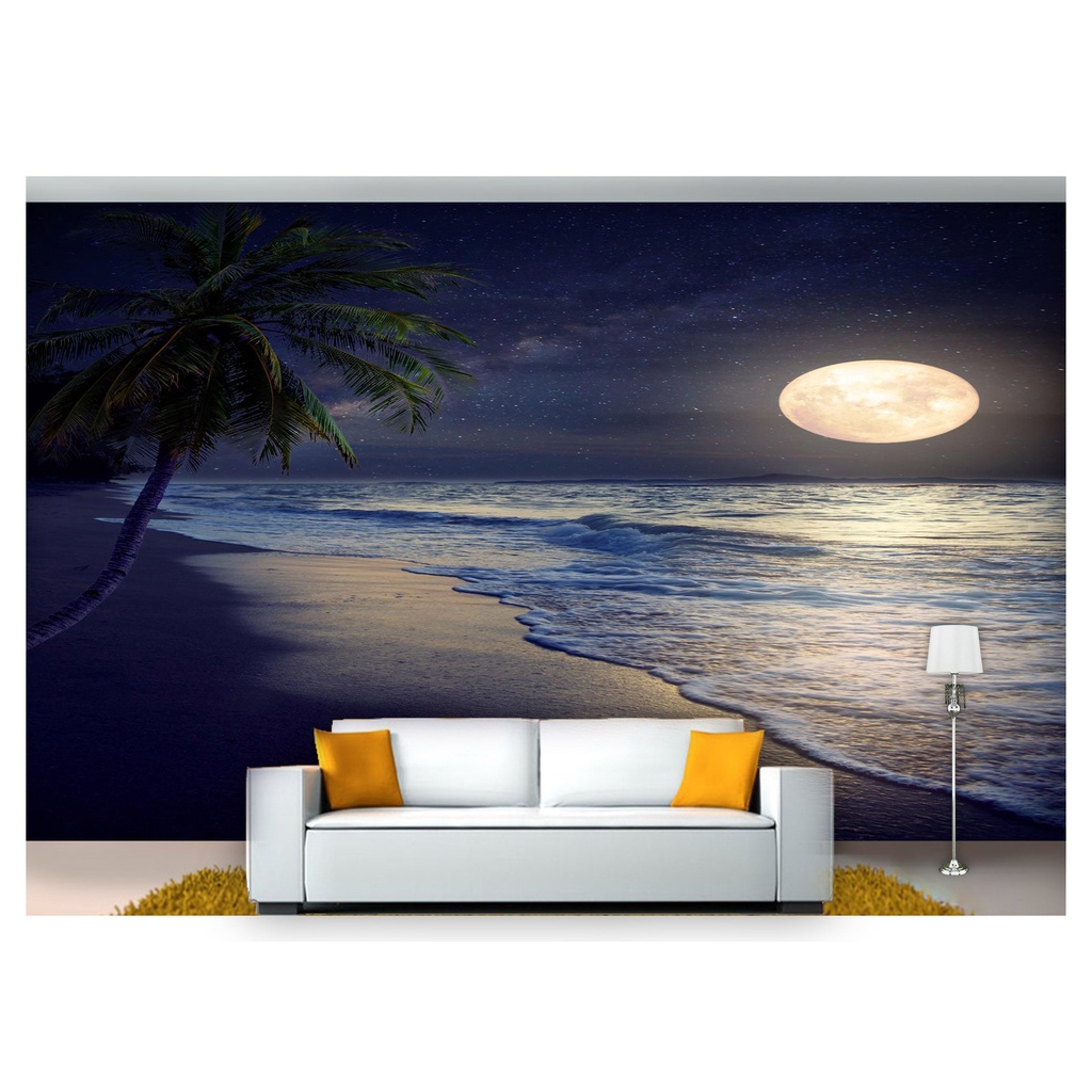 papel de parede Lua Noite Praia coqueiro 3D 7,5m² NSK74