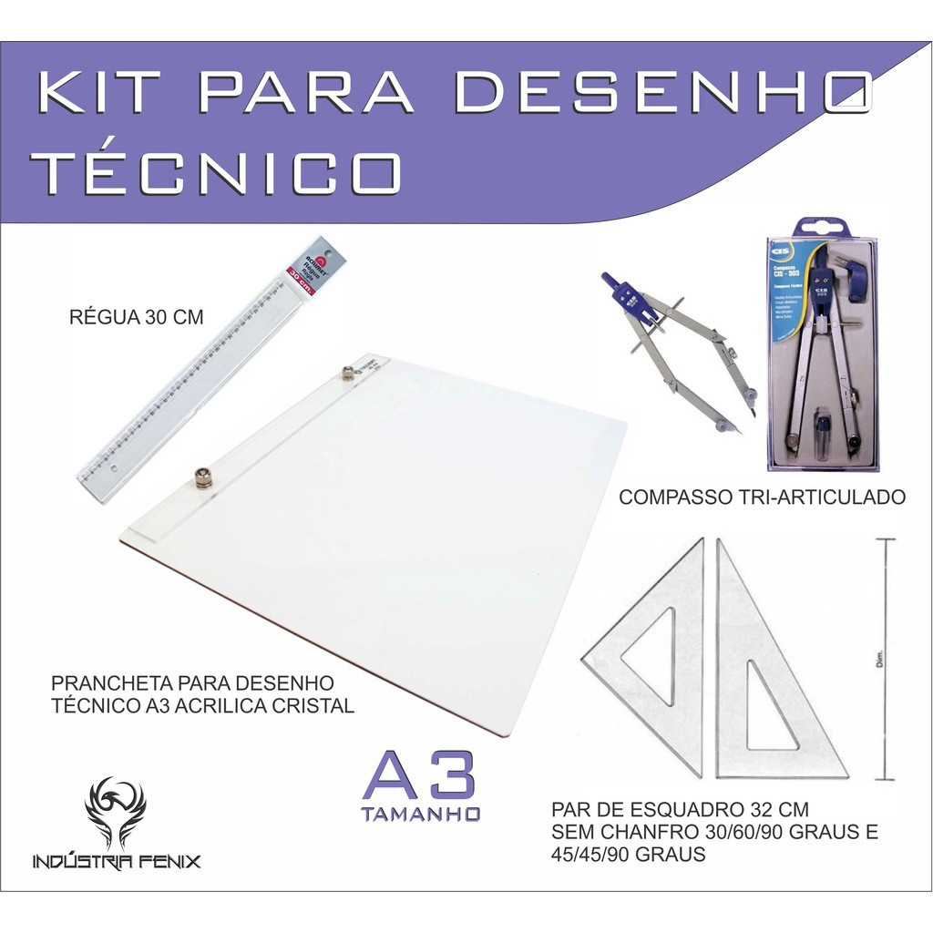 Kit Desenho Técnico Prancheta Engenharia Arquitetura Edificações A3 ACRILICO Par Esquadro 32 cm Compasso Cis 303 Regua 3
