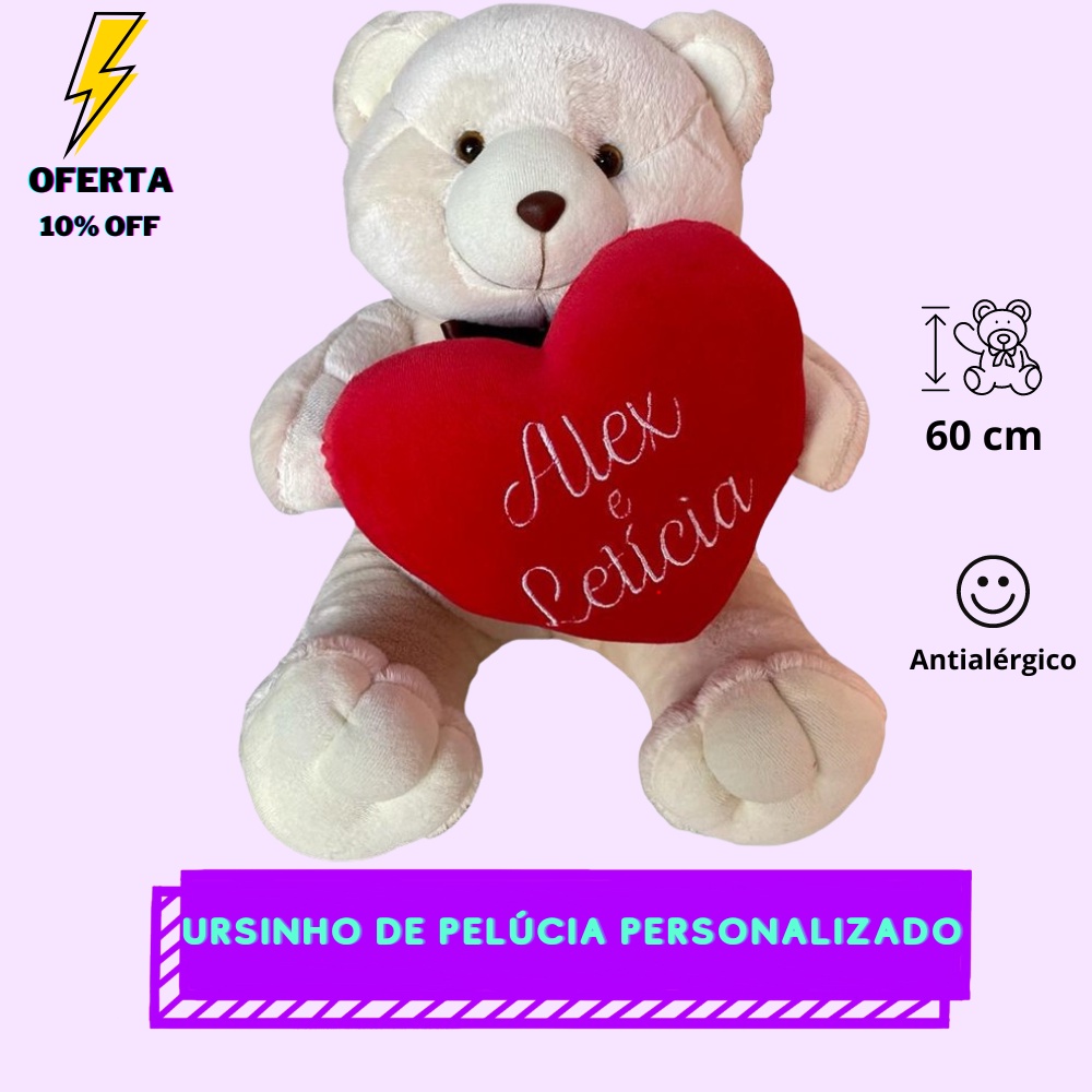 Ursinho Pelúcia Urso Personalizado com nome casal namorados presente 60 cm oferta lançamento