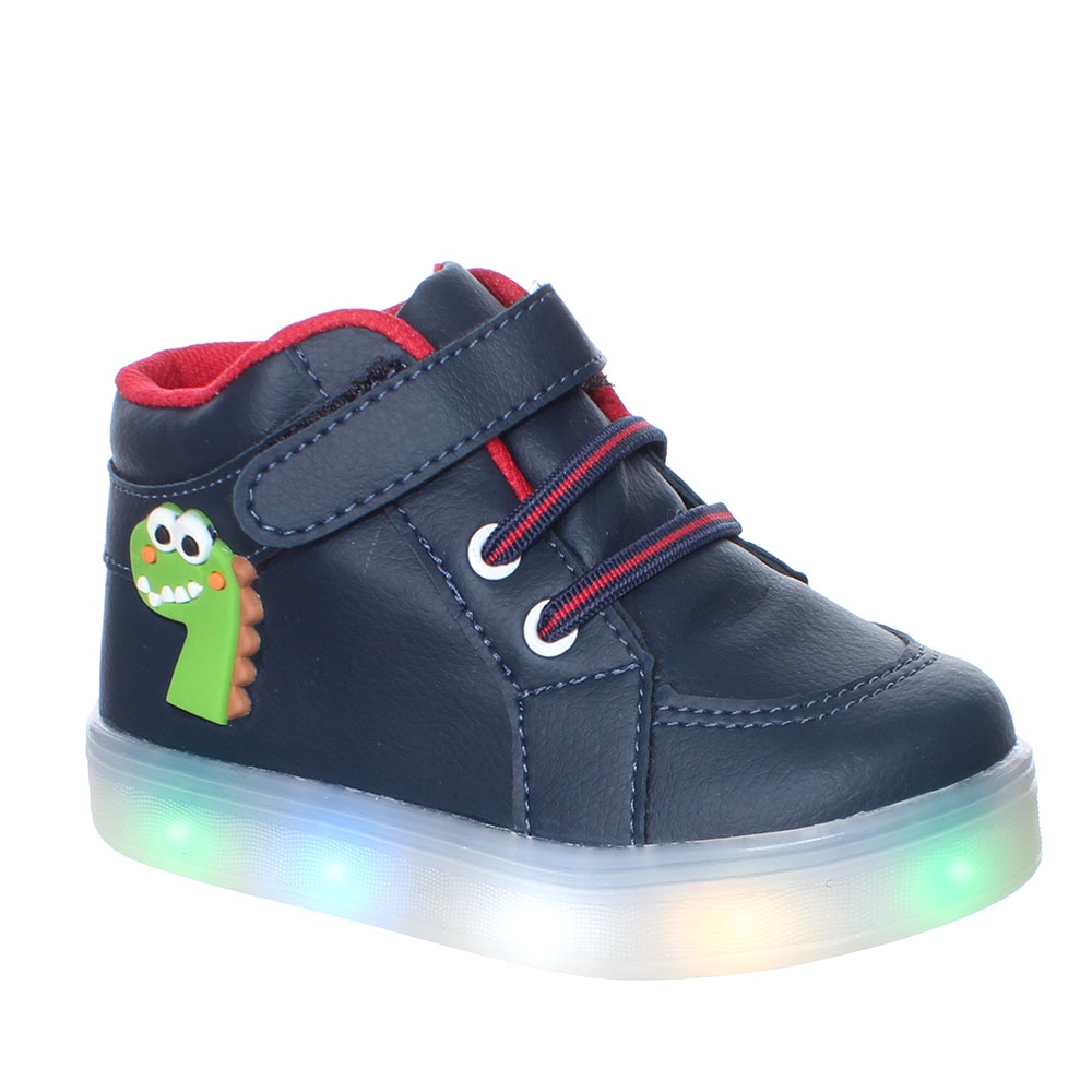 Tenis Botinha Cano Baixo de Led Luzinha Pisca Infantil Masculino Dinossauro Azul Marinho