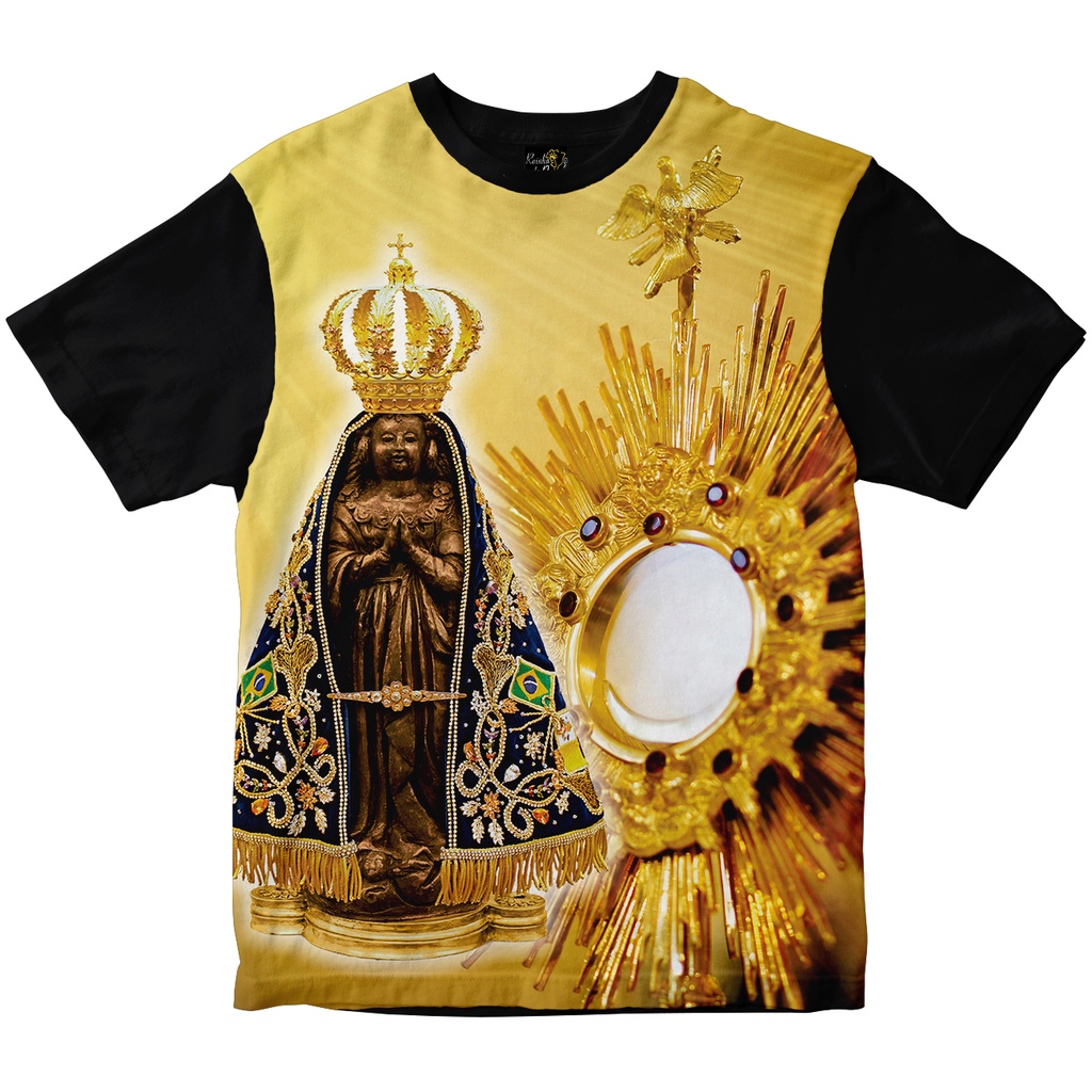 Camiseta Blusa Nossa Senhora Aparecida com Santíssimo preto Rainha do Brasil