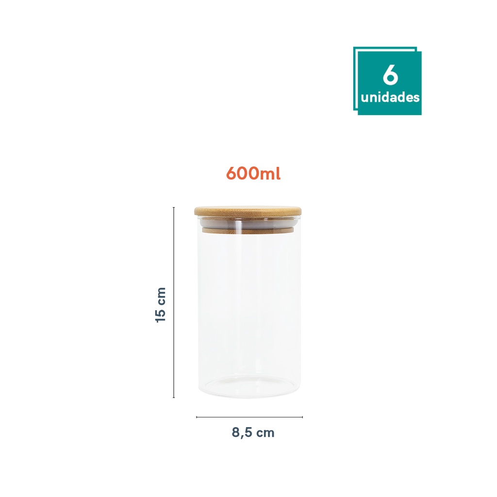 Detalhes do Conjunto de 6 Potes de Vidro Herméticos de 600 ml com Tampa de Bambu