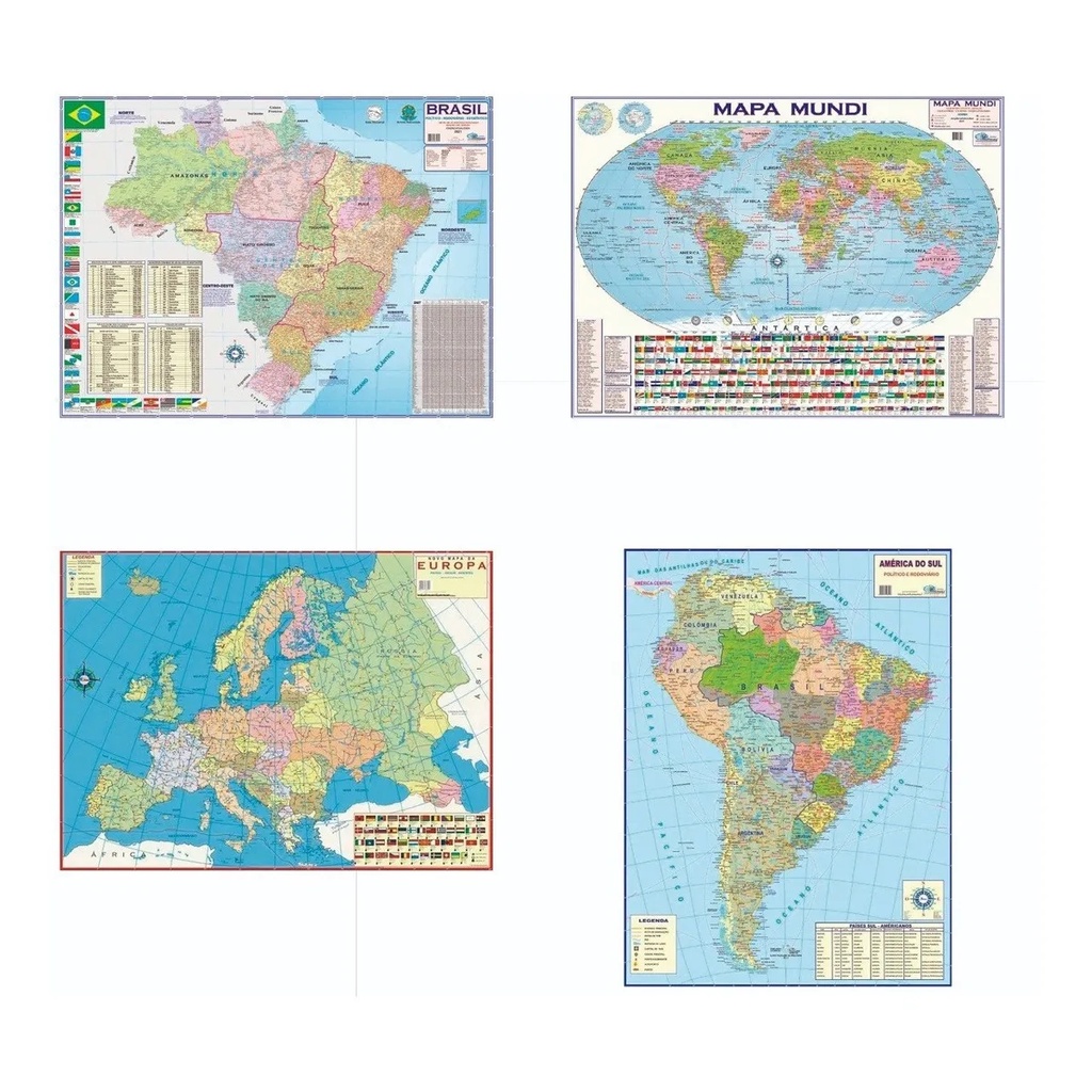 KIT COM 4 - Mapa Brasil + Mundi + Europa + America Do Sul ATUALIZADO - Cada mapa mede 120 x 90 cm