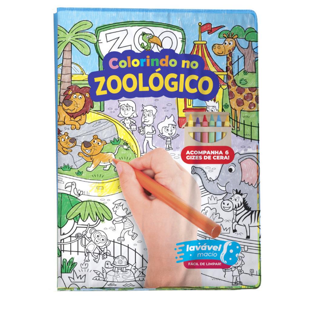 Livro Colorir Infantil Zoologico c/ 6 Gizes de Cera Lavavel