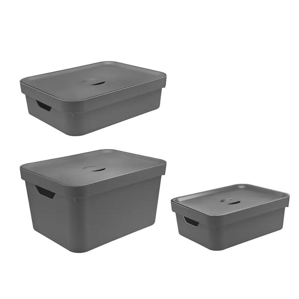 Conjunto de Caixas Organizadoras Cube com Tampa 3 Peças Chumbo - Ou Martiplast - Home & Living