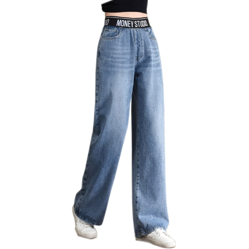 calça jeans com faixa na cintura