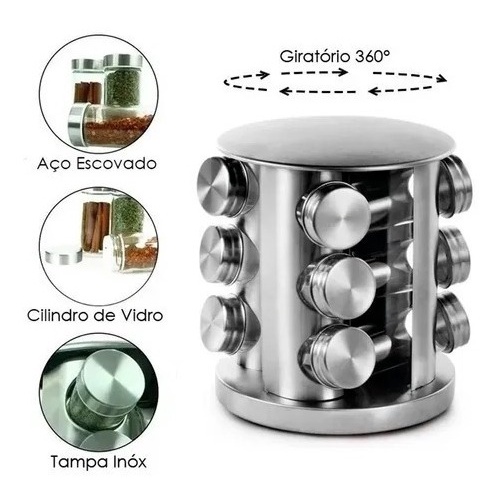 Porta Tempero Condimento Inox 12 Potes +suporte Giratório Rd