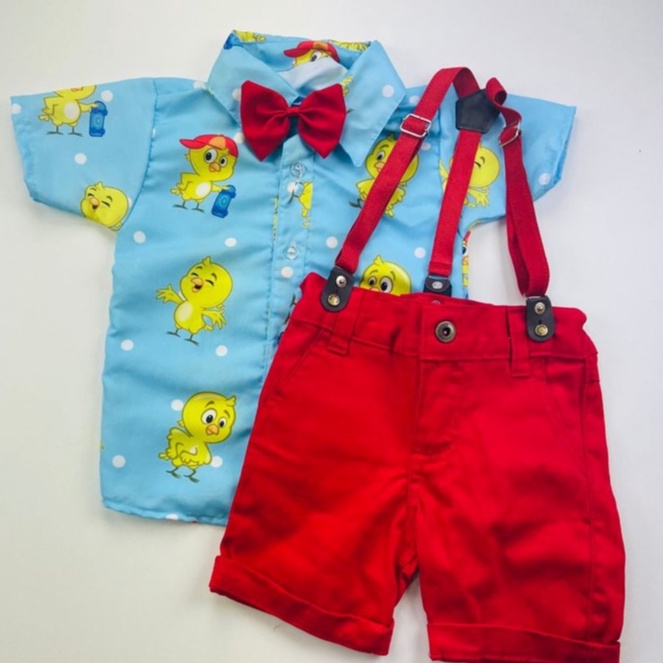 CONJUNTO PINTINHO AMARELINHO roupa Temático  Infantil Para Menino Camisa Gravata Bermuda e Suspensório