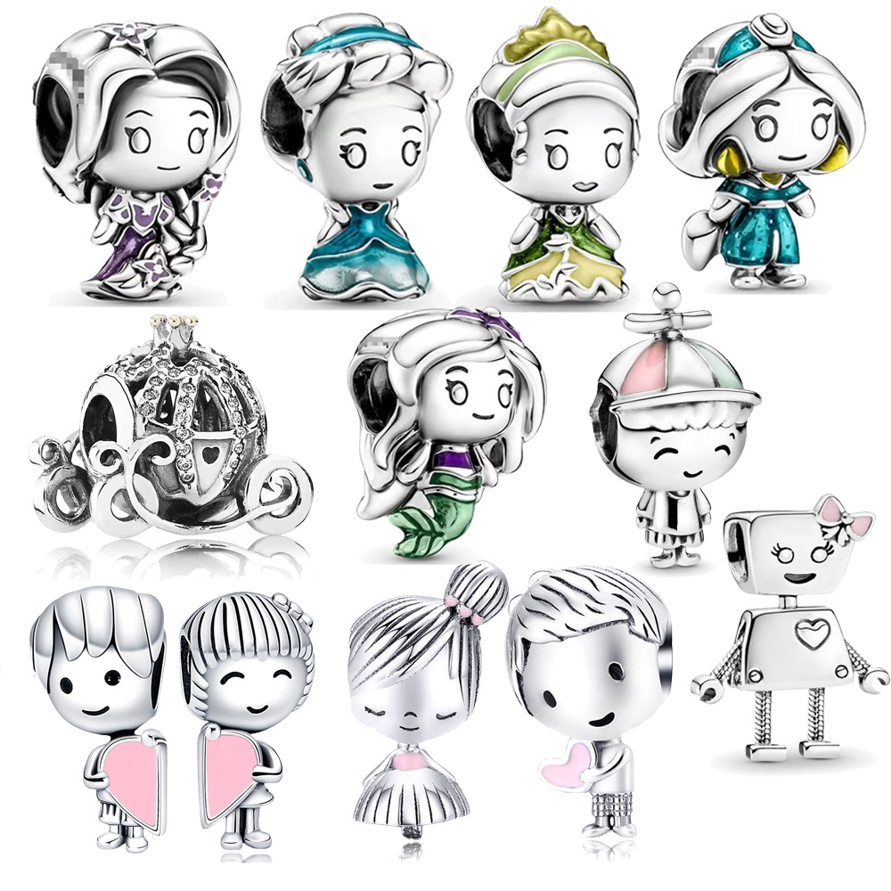 Berloques 925 Silver Cute Bead Series Casal Princesa Amuleto Princesa
