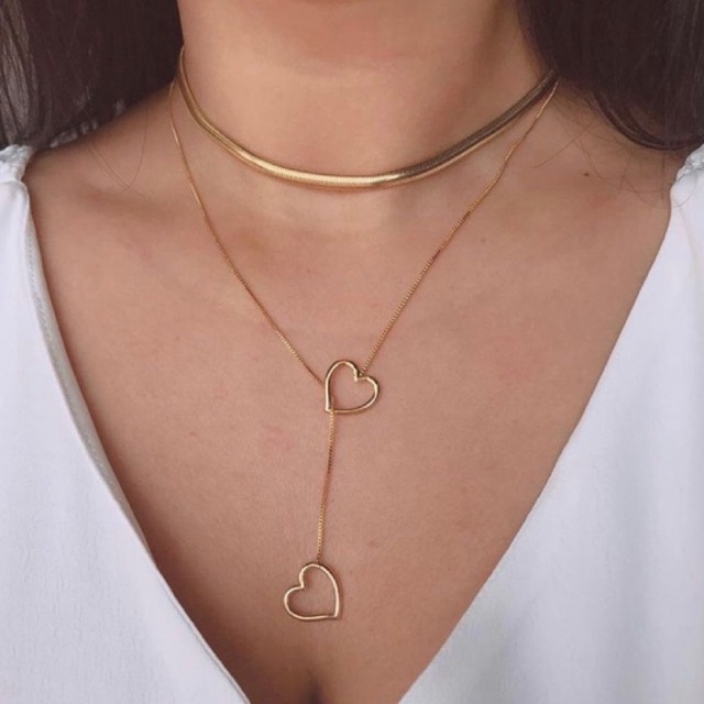 Colar Feminino Gravatinha De Coração Vazado + Choker Maleável Rabo De Rato Banhado A Ouro 18k