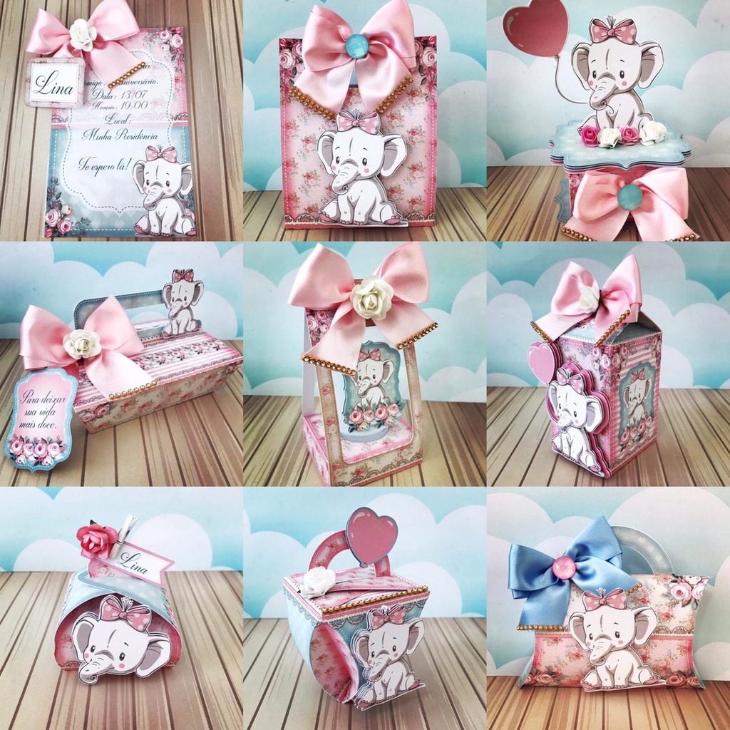 Kit Caixinhas Lembrancinha Personalizada Elefantinho Rosa Aniversario Festa Infantil