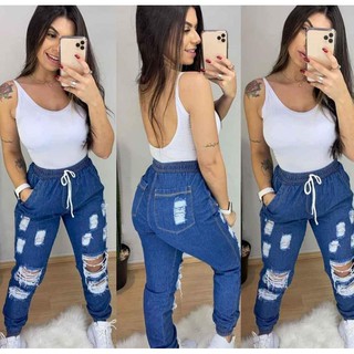 Calça Feminina Jogger Jeans Destroyed Cintura Alta Blogueira Azul Claro