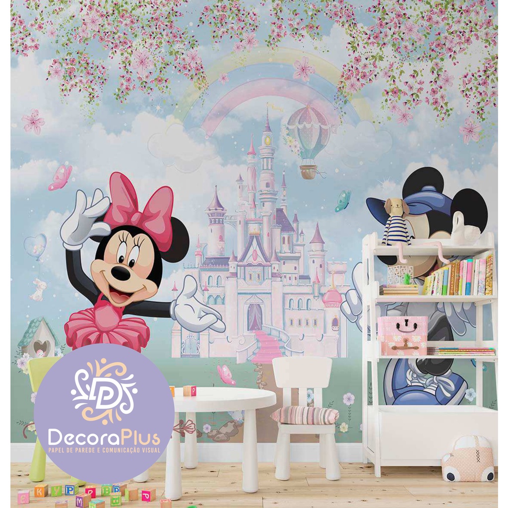 Papel de Parede Foto Mural Adesivo Autocolante Nome Personalizado Disney Minnie Mouse e Mickey Mouse