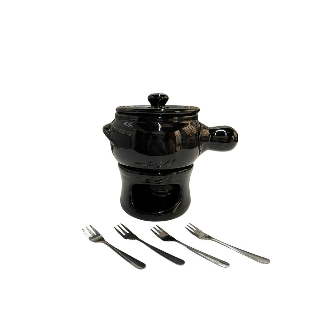 Aparelho De Fondue 750ml Ceramica Preto Kit 4 Pessoas Com Fogareiro Para Velas