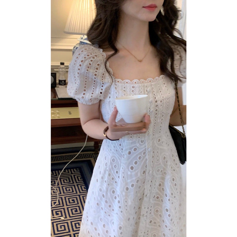 Vestido Feminino Slimmer Look Francês Estilo Temperamento Branco Bordado Com Renda