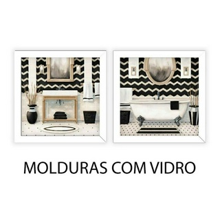 Kit 2 Quadros Banheiro, Lavabo, Toalete, B&w, Com Vidro