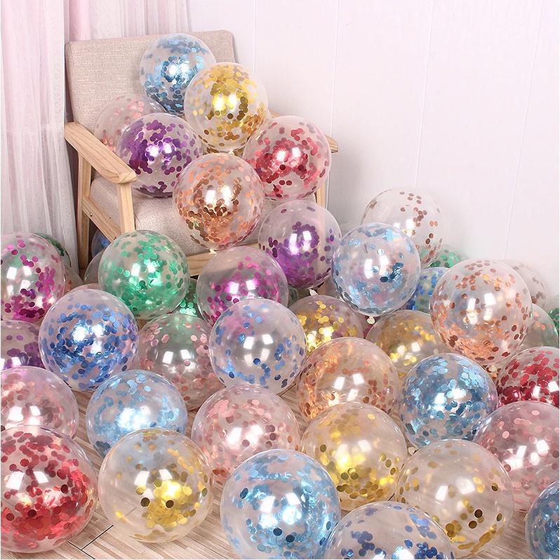 Kit De 6 Ou De 10 Balão Cristal Transparente N9 ,12 Polegados Com Confete 10 mm Colorido, festas e decoração.