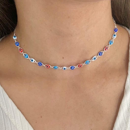 colar Choker  olho grego feminina folheado banhada a prata 925