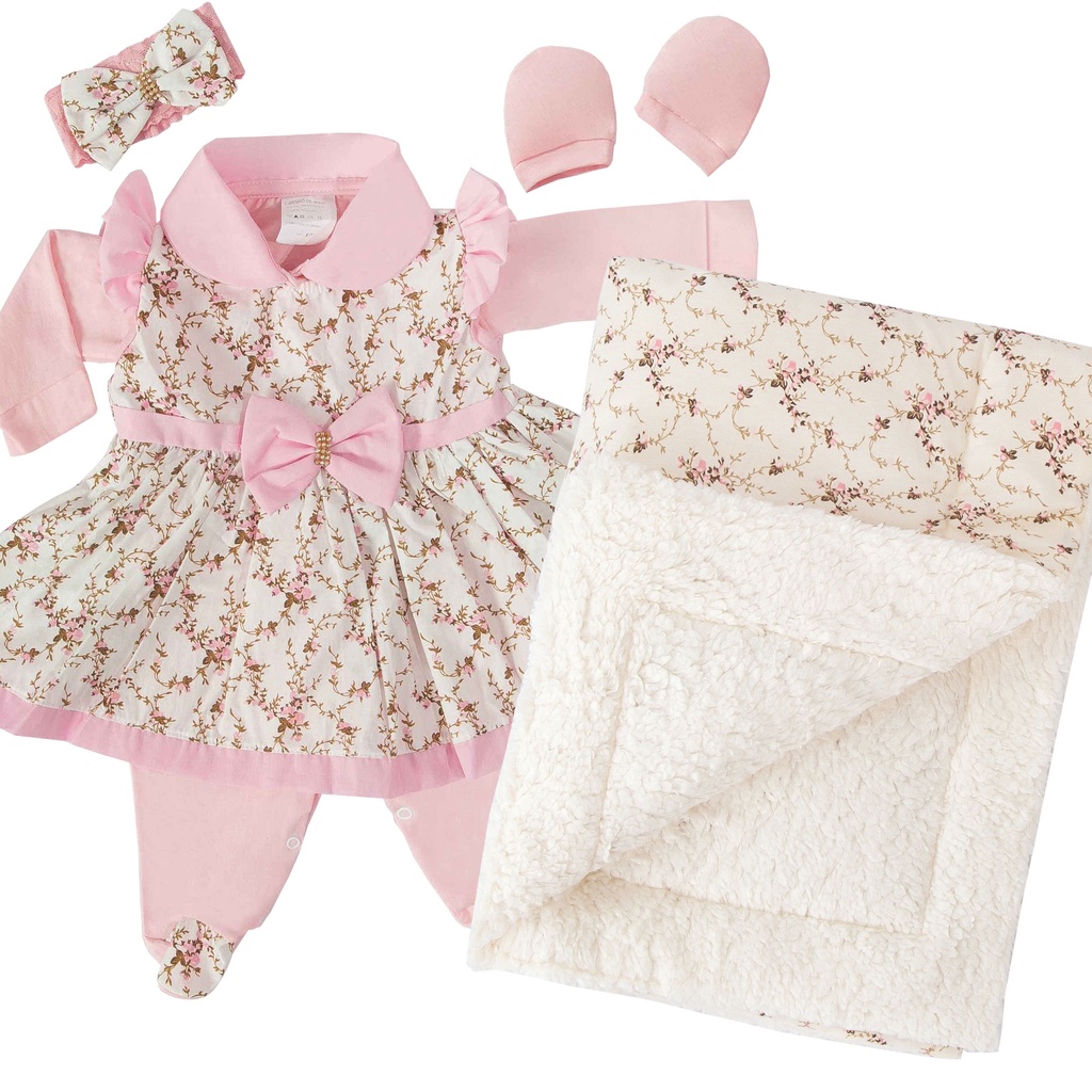 Kit Vestido Rosa Para Menina Manta Sherpa Inverno Grossa Enxoval Bebê Menina Saída Materni...