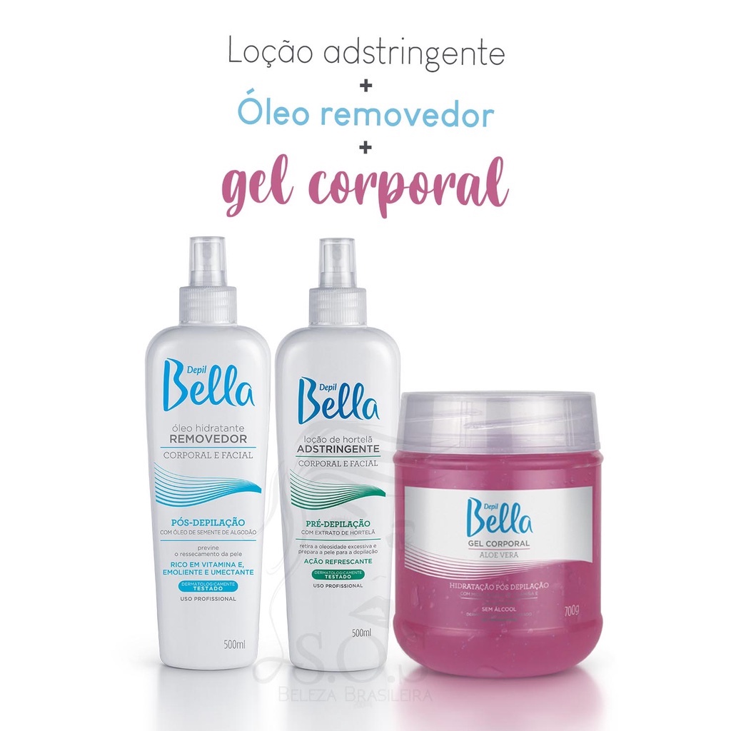 Kit Adstringente 500 ml + Óleo Removedor 500 ml + Gel Pós Depilação Aloe Vera 700 g - Depil Bella