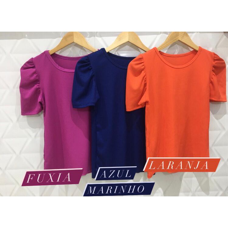 Blusa feminina gola rasa manga bufante princesa curta malha canelada com elastano moda blogueira