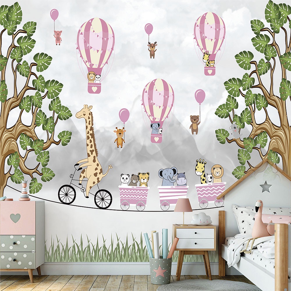 Papel de Parede Personalizado Foto Mural Animais Da Selva Brincando de Corda Bamba M² Imagem Completa