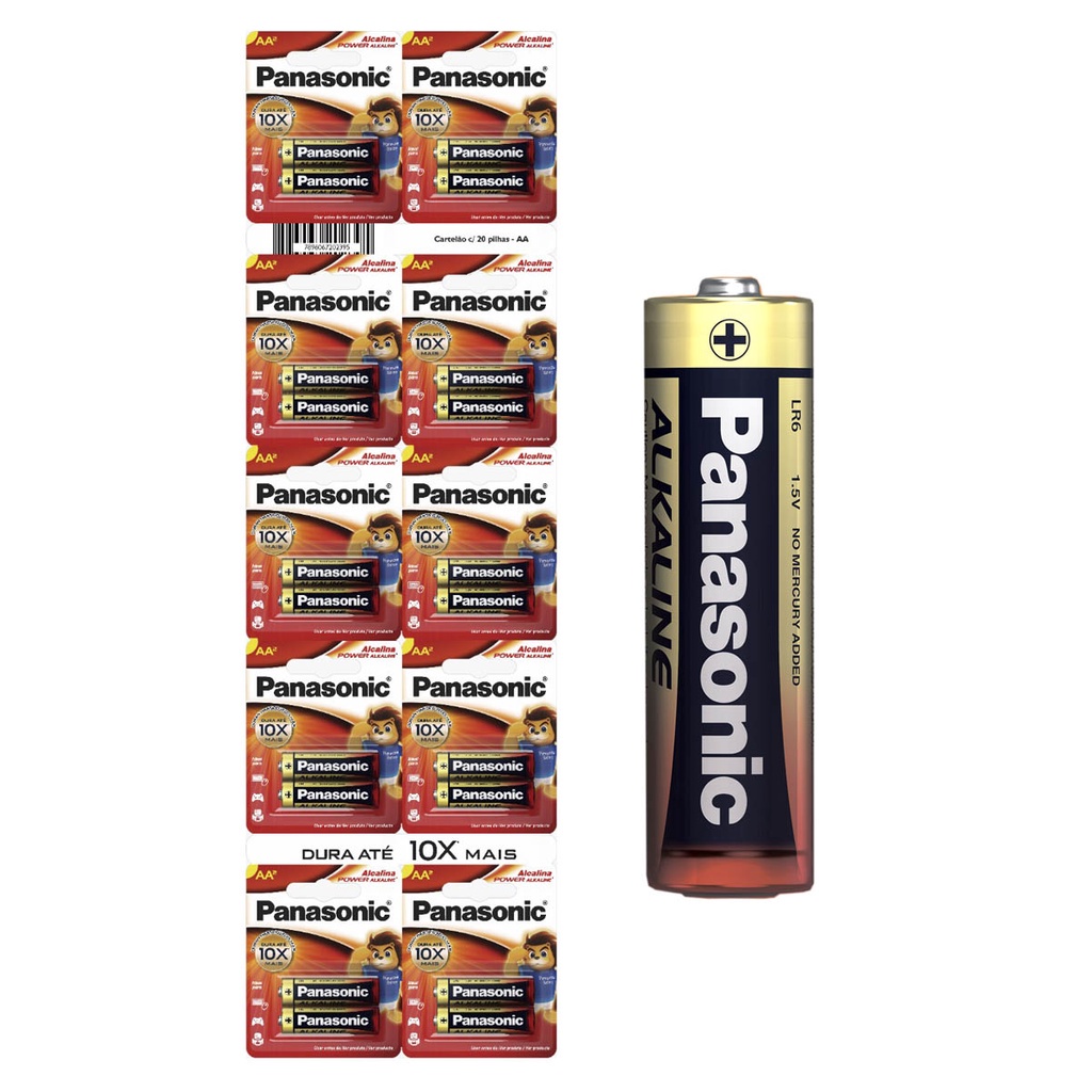 Pilha Alcalina AA Panasonic Bateria 2A Pequena Multiblister kit 20 unidades