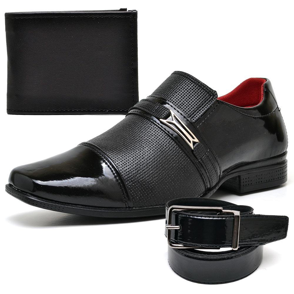 sapato social masculino em couro verniz super brilhante + cinto + carteira brinde promoção