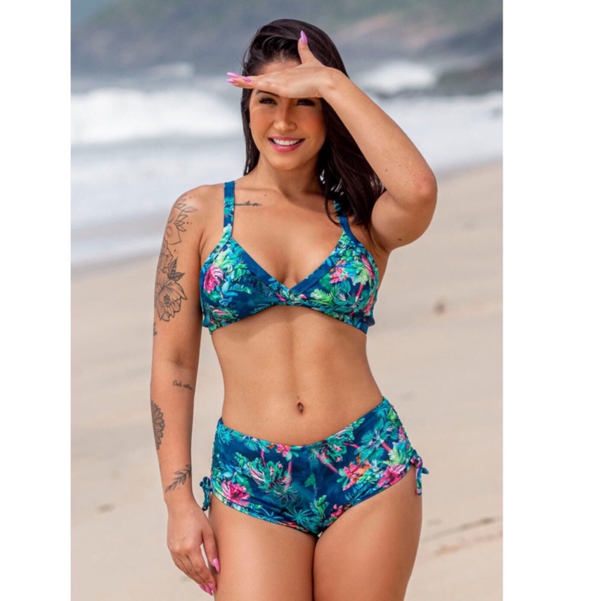 Conjunto Biquíni Top Reforçado com Bojo e Calcinha Short Sunquíni Estampado Coqueiro,  shortinho de praia, biquini short, biquini shortinho, biquini com bojo