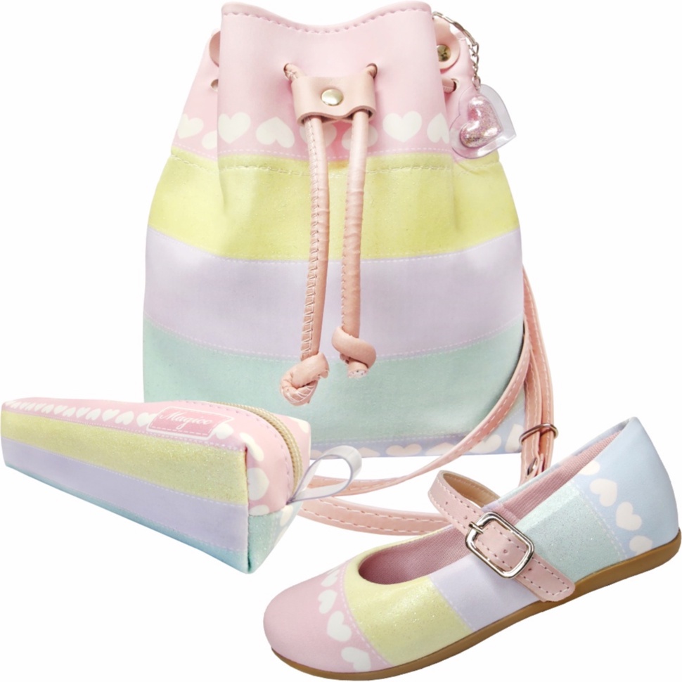 Kit Infantil Sapatilha Infantil Bolsa Infantil e Estojo Listra Colorida Corações Bolsinha Infantil Magicc Kids 1251