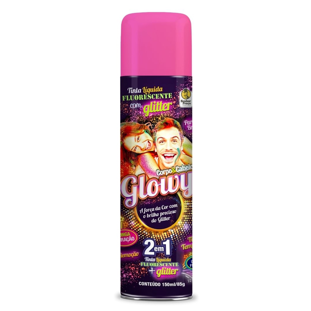 Tinta Spray Para Cabelo Glowy Rosa 150ml 2 Em 1 Tinta Líquida Fluorescente + Glitter
