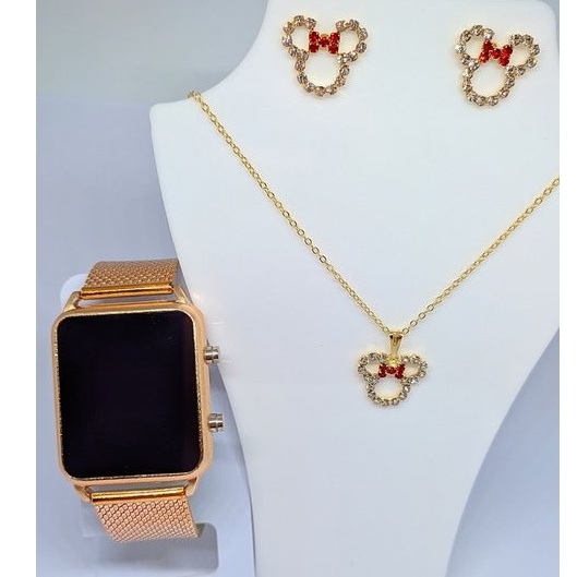 Kit Relógio Feminino Digital Led Quadrado Sports Watch + Conjunto Colar e Brincos Dourado Gold Rose Moda