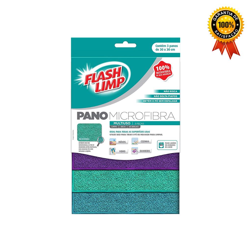 Pano Microfibra Multiuso, 3 Pecas, Azul/Verde/Roxo, Flash Limp - Home & Living
