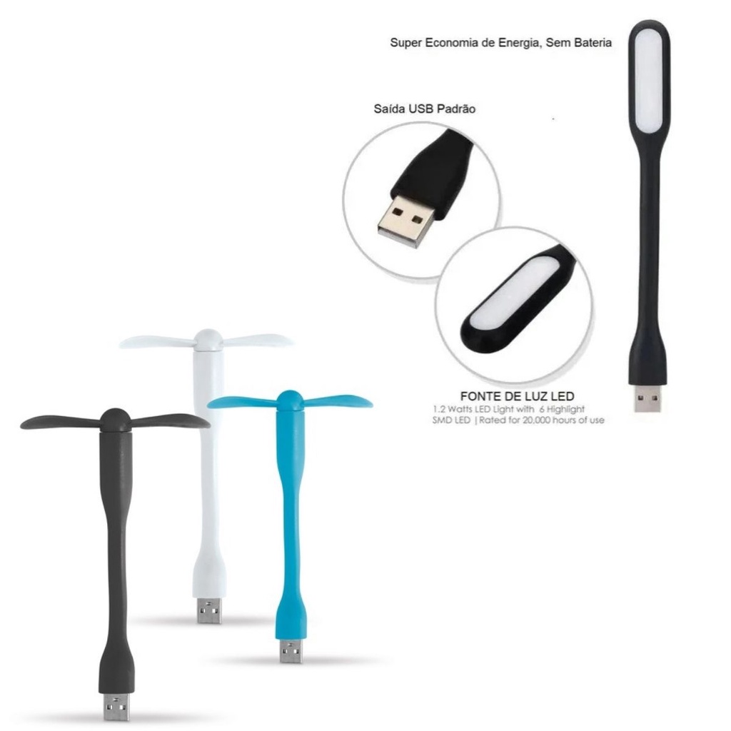 Kit Mini Luz Led Luminária Notebook Usb Flexível + Mini Ventilador Portátil Haste