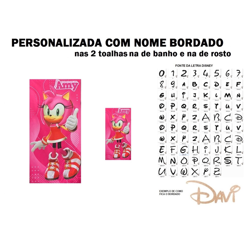 PERSONALIZADA NOME BORDADO kit Toalha de Banho Infantil Amy Sonic + Toalha de Rosto