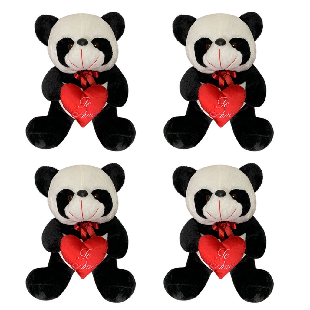 Ursos Panda de pelúcia Lindo e fofo - Kit com 4 Ursos de 45 cm com Coração para Cesta de Presente dia dos Namorados, dia das Mães, Amigos, crianças - Produto Hipoalergênico.