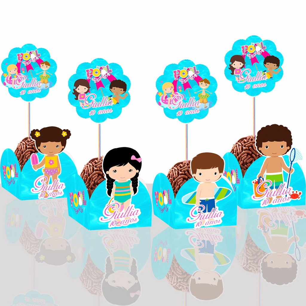 10 Topper para Docinhos e Forminhas Pool Party Lembrancinhas Personalizadas para Aniversário