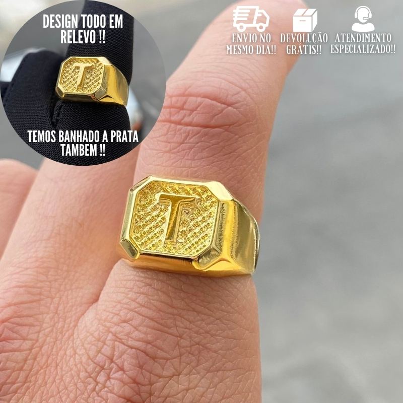 Anel de Ouro 18k Dedeira Masculina com Letra T Banhada